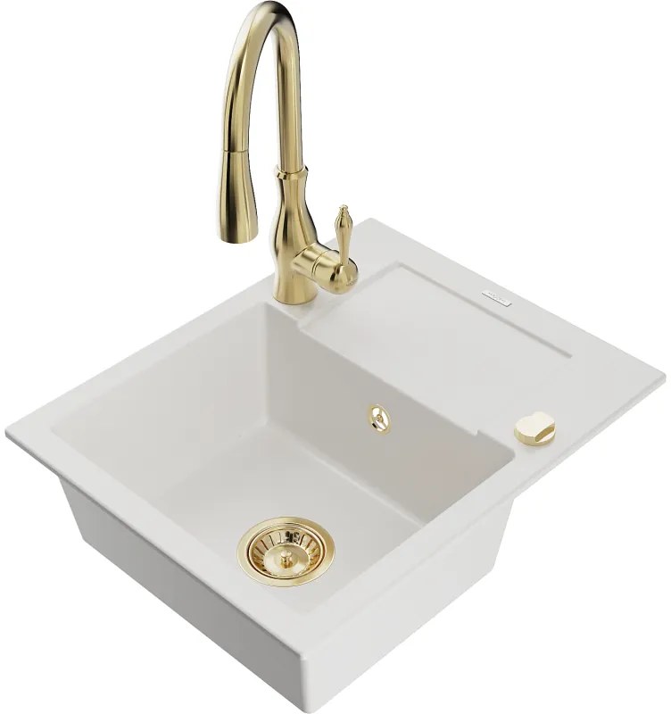 Mexen Enzo, 1-komorový granitový drez 576x465x174 mm a drezová batéria Savita, biela, 6506-20-672601-50