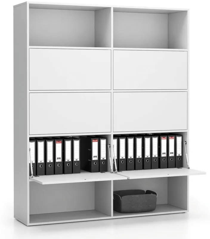 Široký kancelársky policový regál LAYERS, 6 boxov, 1582 x 400 x 1905, biela