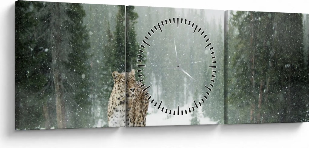 Obraz leoparda v snehu (s hodinami) (90x30 cm)