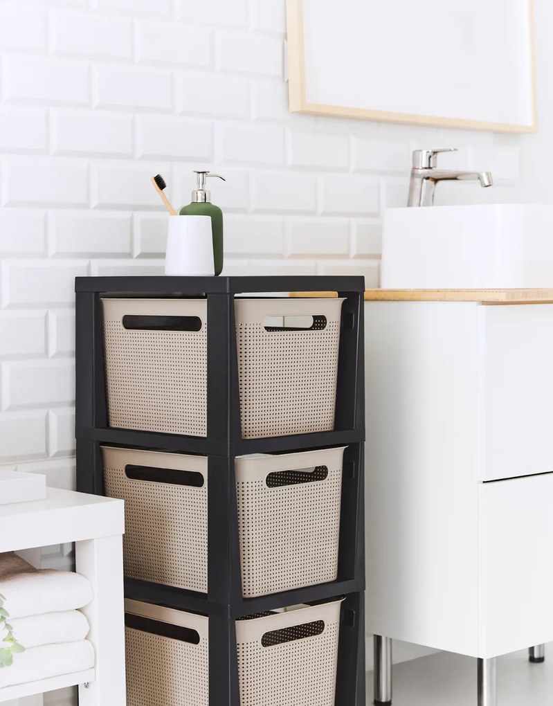 Rotho Pojazdný stojan, regál s 3 košíkmi, BRISEN TOWER, béžová/antracit