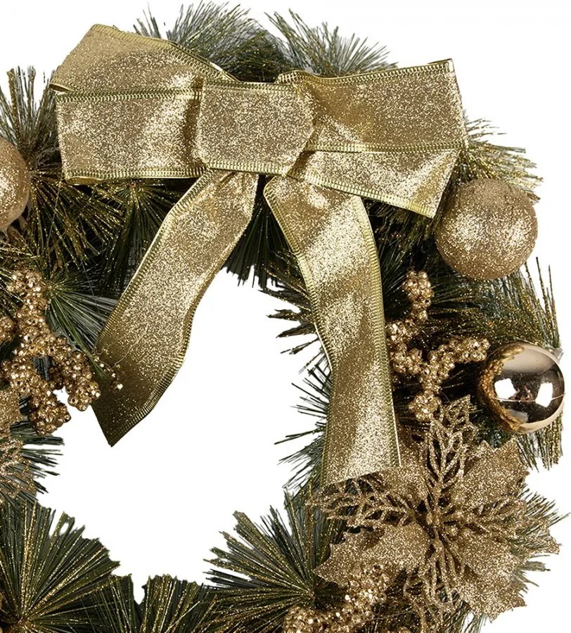 Zeleno-zlatý vianočný veniec s mašľou a guľami Christmas Wreath - Ø 40*10 cm