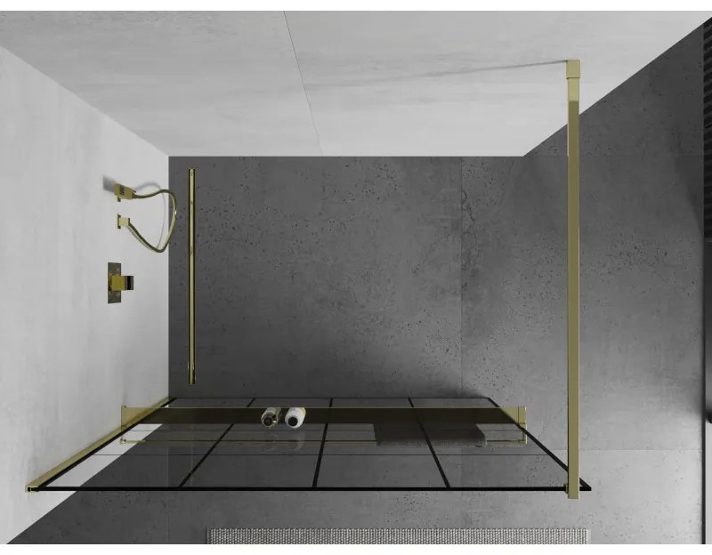 Mexen Kioto+, sprchová zástena s poličkou a držiakom na uteráky 130 x 200 cm, 8mm číre sklo vzor čierny, zlatý profil, 800-130-121-50-77