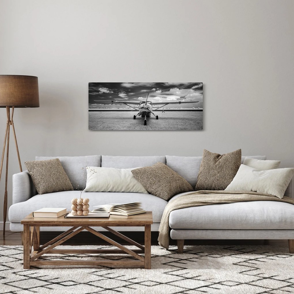 Obraz - Lietadlo čiernobiele (120x50 cm)