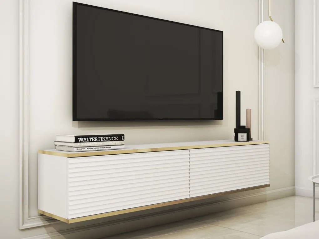 Závesná TV skrinka Orfeo, 135 cm, biela štruktúra/zlatá