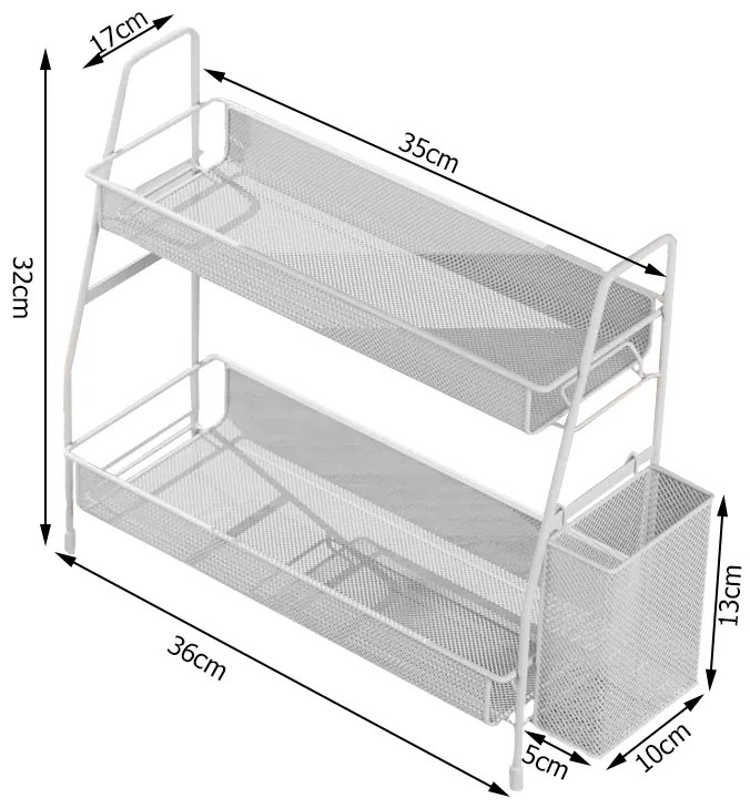 VERK GROUP Dvojposchodová polica, kovová s prídavným košíkom LOFT - biela, 36 x 17 x 32 cm