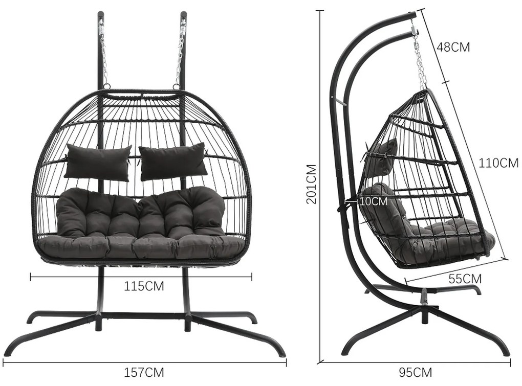 Závesné hojdacie dvojkreslo CUBA čierne - sivé vankúše