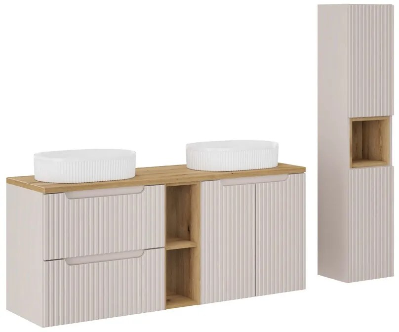 Kúpeľňová zostava Nova Cashmere so skrinkami a umývadlami 140 cm kašmírová/dub evoke