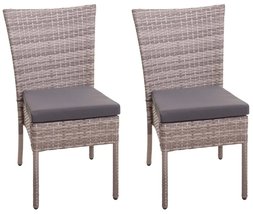 Set 2 záhradných stoličiek HWC-G19, polyratan, stohovateľná - sivo-hnedé, vankúše tmavo sivé