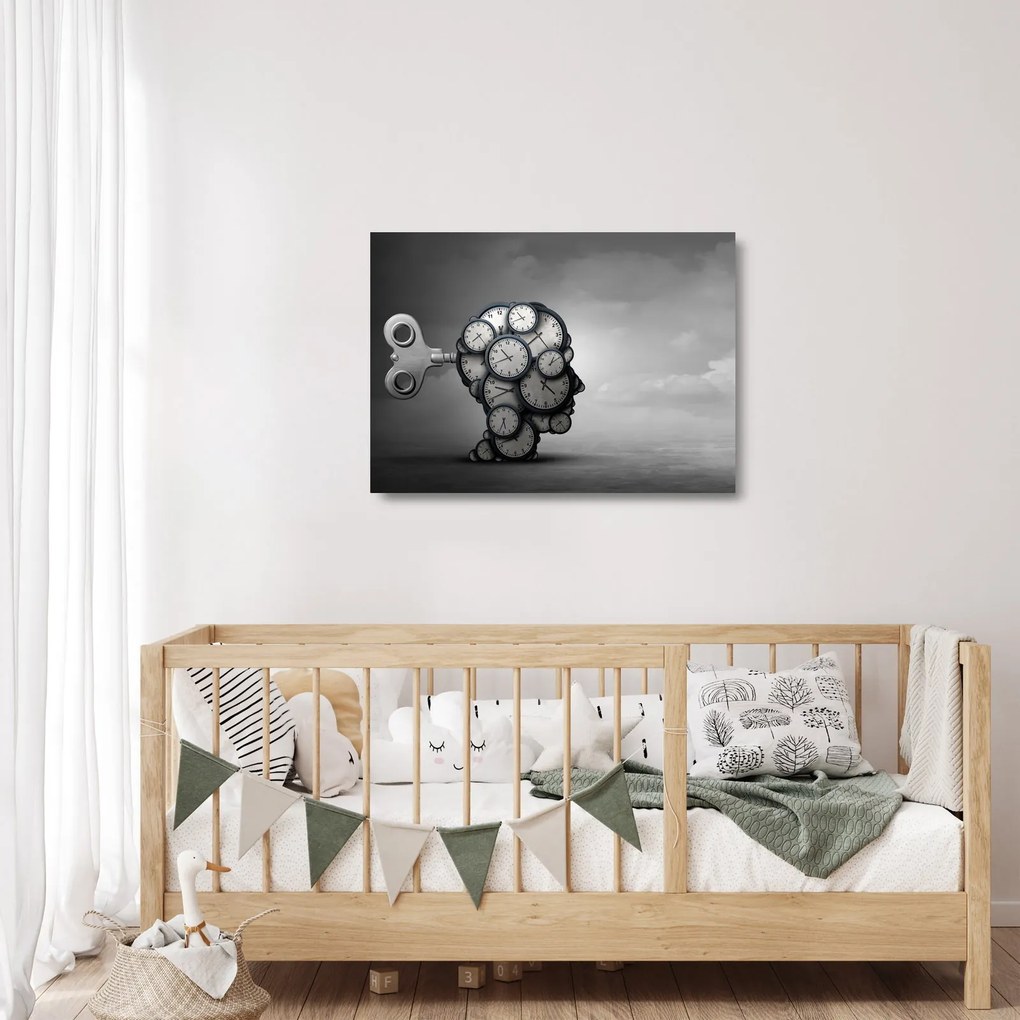 Umelecký sklenený obraz hlavy s hodinami (70x50 cm)