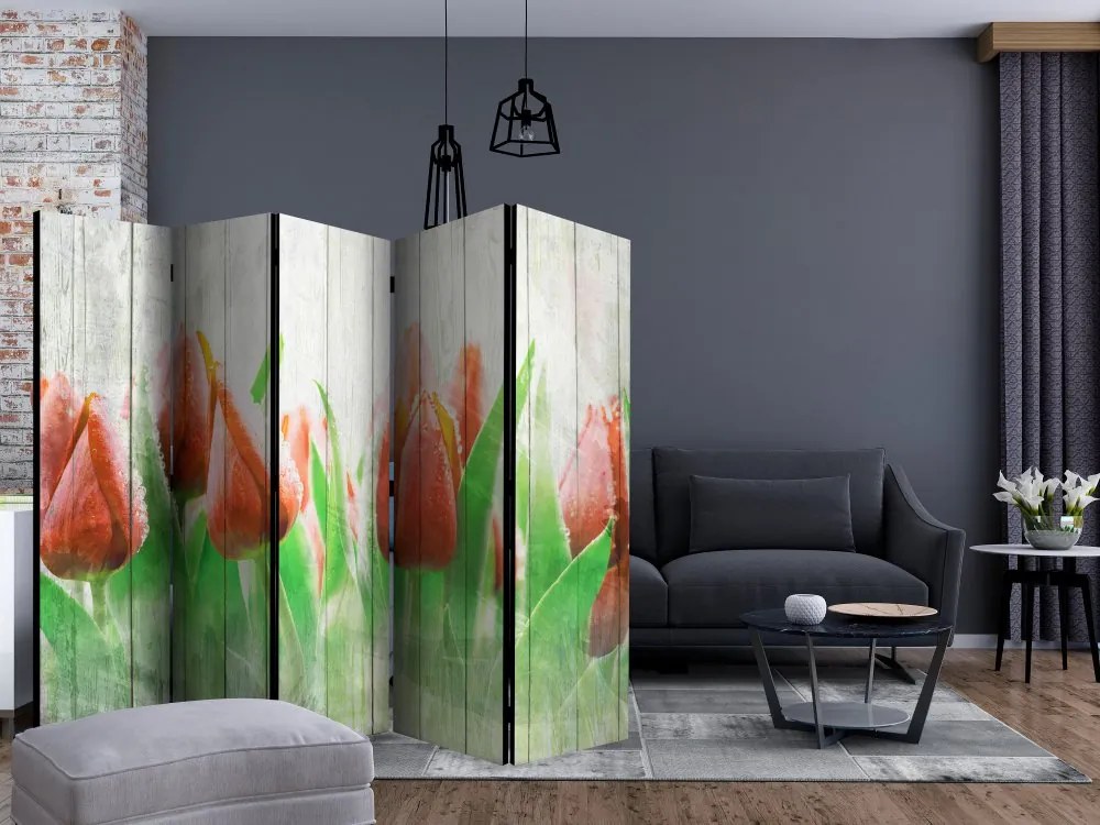 Artgeist Paraván - Red tulips on wood [Room Dividers]