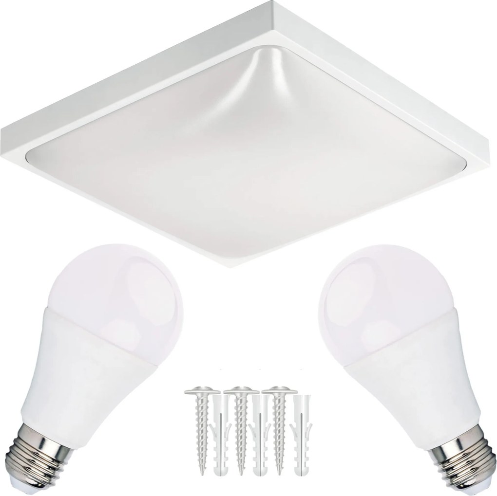 ECOLIGHT LED stropné svietidlo 2xE27 štvorcové biele + 2x E27 10W neutrálna biela žiarovka