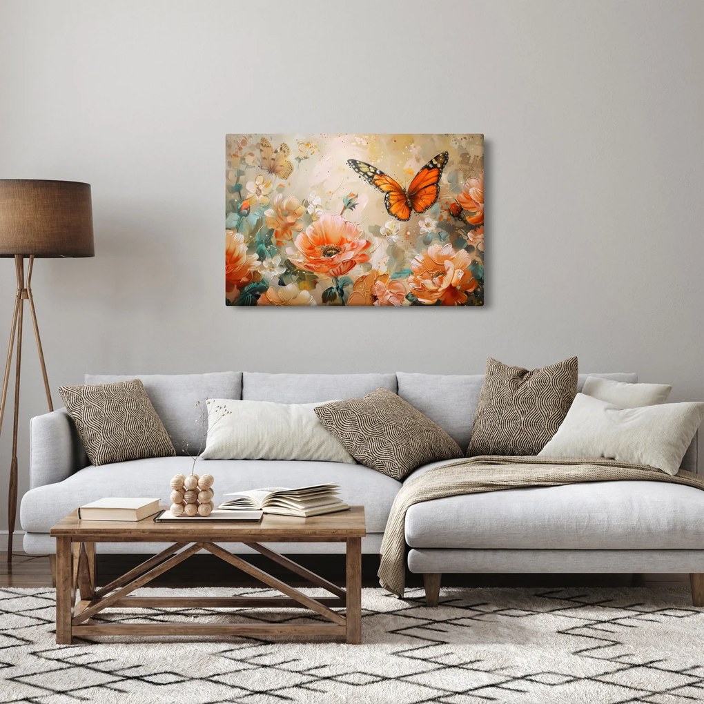 Obraz - Motýľ a kvety, olejomaľba (90x60 cm)