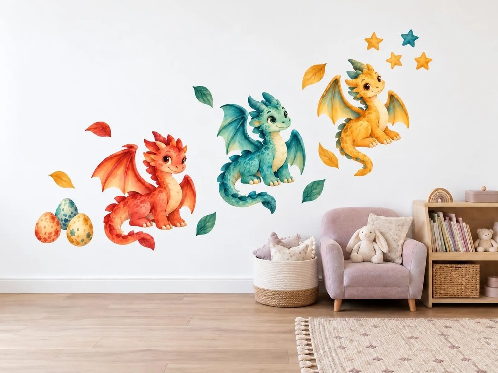 Farební dráčikovia s vajíčkami farebné akvarelové nálepky na stenu pre chlapcov aj dievčatá hárok 250 x 122 cm
