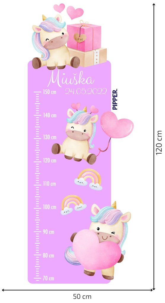50x120cm Detský meter s menom - Jednorožce - textilná nálepka na stenu