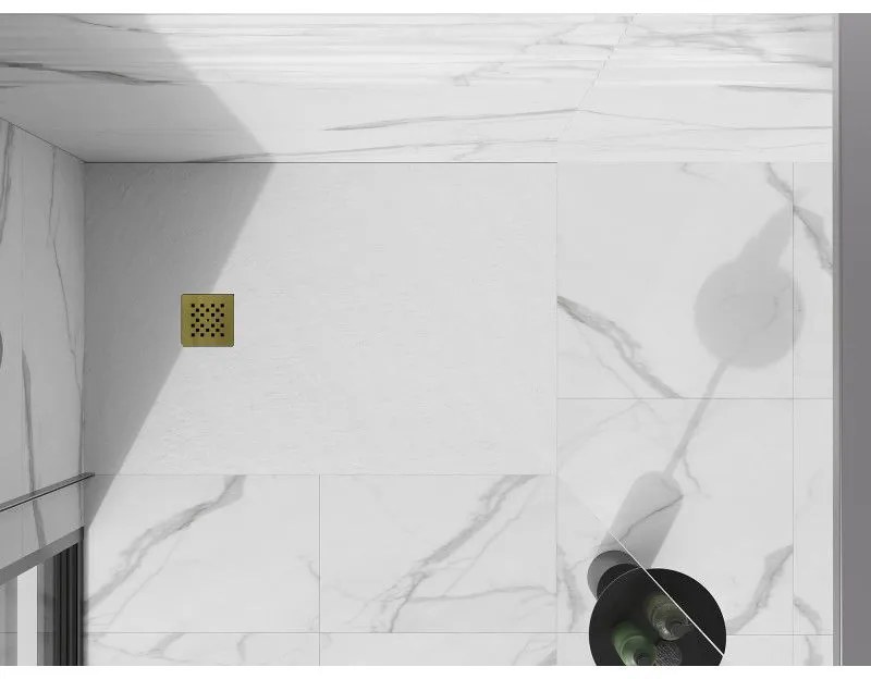 Mexen Stone+, obdĺžniková vanička z minerálneho kompozitu 140 x 80 cm, biela, zlatá lesklá krytka, 44108014-G