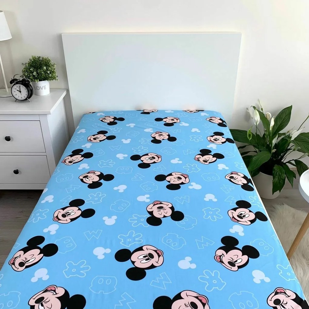 Jerry Fabrics Plátené prestieradlo s gumou Mickey Blue 02, 90 x 200 cm + 25 cm