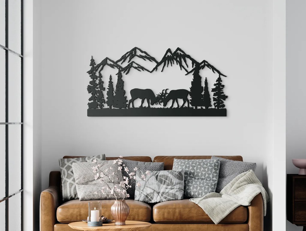 drevko Drevený obraz Súboj jeleňov pod horou Rozmer obrazu: 22 x 44,5 cm, Farba dekorácie: Čierna