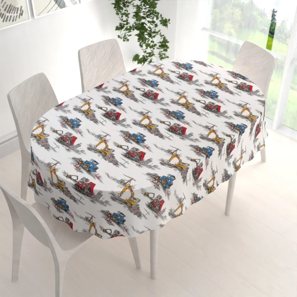 Biante Detský bavlnený oválny obrus Sandra SA-578 Nákladiaky a bagre na bielom 100x160 cm