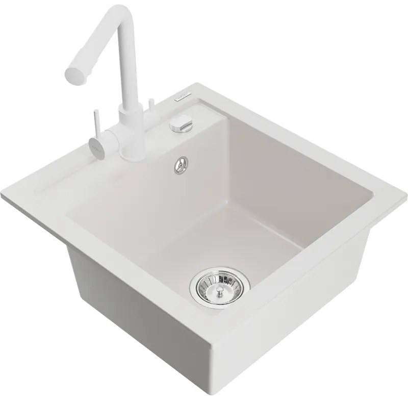 Mexen Vito, 1-komorový granitový drez 520x490x210 mm, biela batéria Duero, biela, 6503-20-671600-20