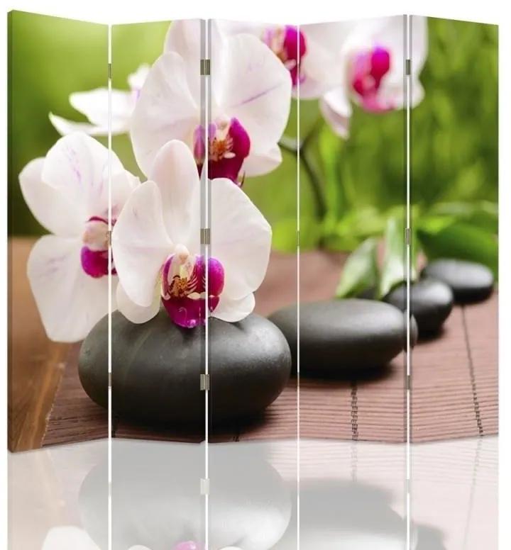 Ozdobný paraván, Orchidej a lesklé kameny - 180x170 cm, päťdielny, obojstranný paraván 360°