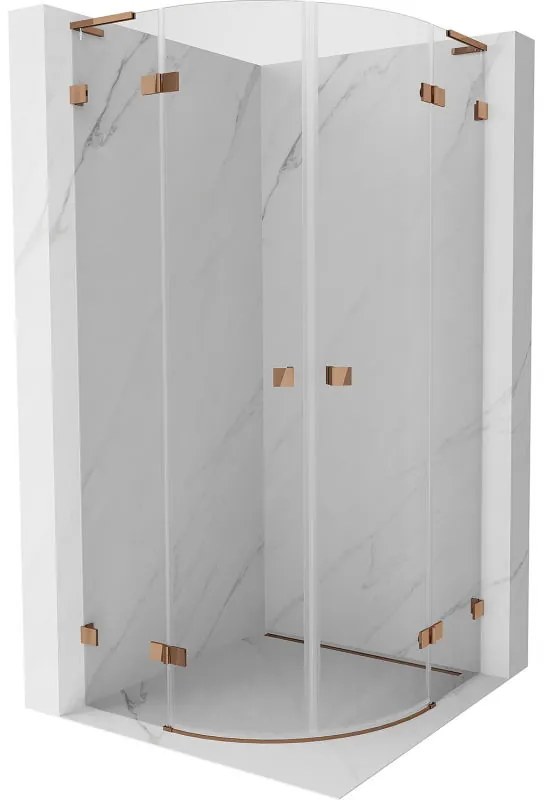 Mexen Lunar, L polkruhový výklopný sprchový kút 90 x 90 cm, 8mm číre sklo, profil ružové zlato, 833L-090L-090P-60-00