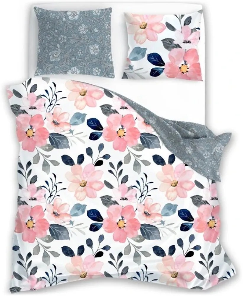 Saténové posteľné obliečky Milagro Verde s veľkými kvetmi - 100% bavlna - 70 x 90 cm + 140 x 200 cm