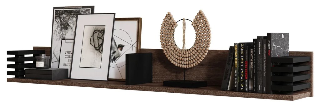 GOKEE PW-145 Dub Hnedý/ Čierna matná - MODERNÁ ZÁVESNÁ/ NÁSTENNÁ POLICA S LAMELAMI