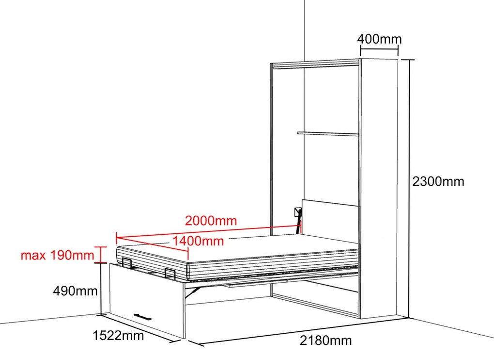 Nabytekmorava Sklápacia posteľ VS 21054, 200 x 140cm Typ farebného prevedenia: Agát / dvere biele