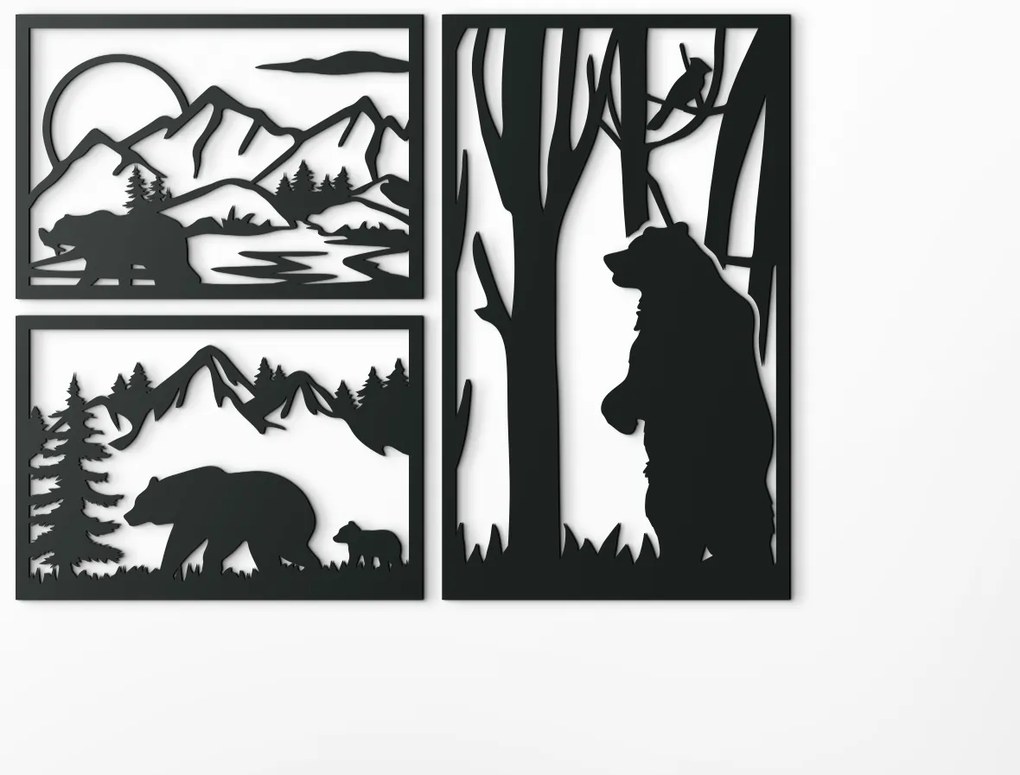 drevko 3-dielny obraz Medvedí triptych Rozmer obrazu: 33,5 x 44,5 cm, Farba dekorácie: Čierna