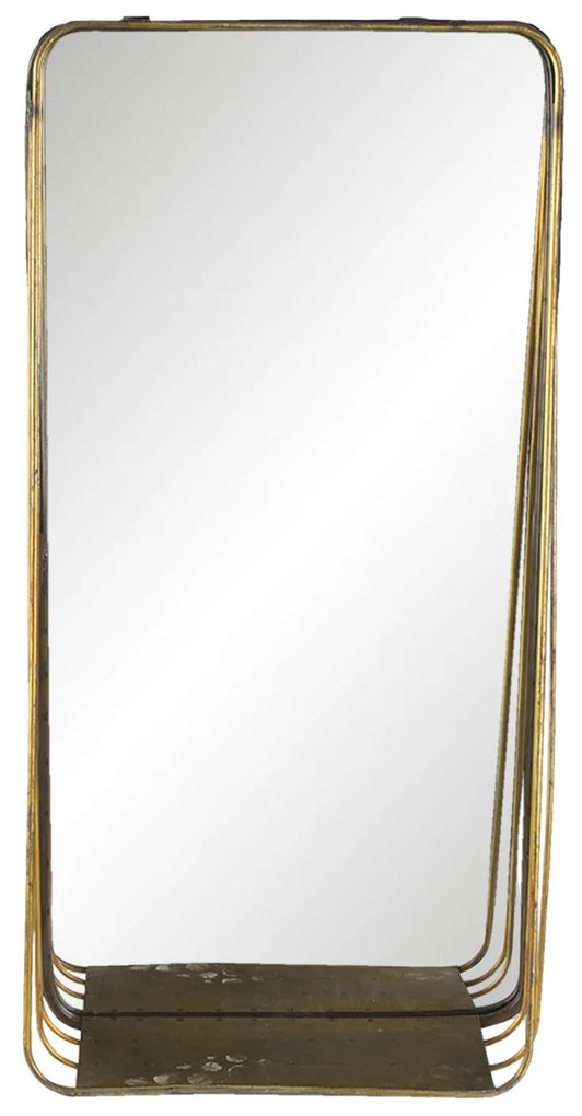 Zlaté obdĺžnikové zrkadlo v kovovom ráme s drevenou poličkou Gold- 29 * 11 * 59 cm
