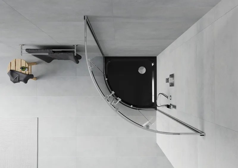 Mexen Rio, štvrťkruhový sprchový kút 80 x 80 cm, 6mm číre sklo, chrómový profil + čierna sprchová vanička, 863-080-080-01-00-4170