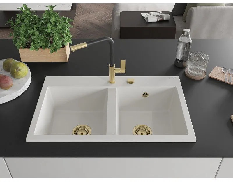 Mexen Hektor, 2-komorový granitový drez 800x480x205 mm, biela, zlatý sifón, 6521802000-20-G