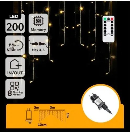Aigostar - LED vonkajší vianočný reťazec 200xLED/6W/230V/8 funkcií 3x1m IP44 teplá biela + diaľkové ovládanie