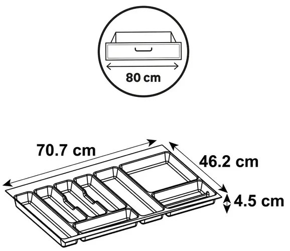 Vložka / príborník do 80 cm zásuvky - CUTLERY sivý plast 70 x 46 cm