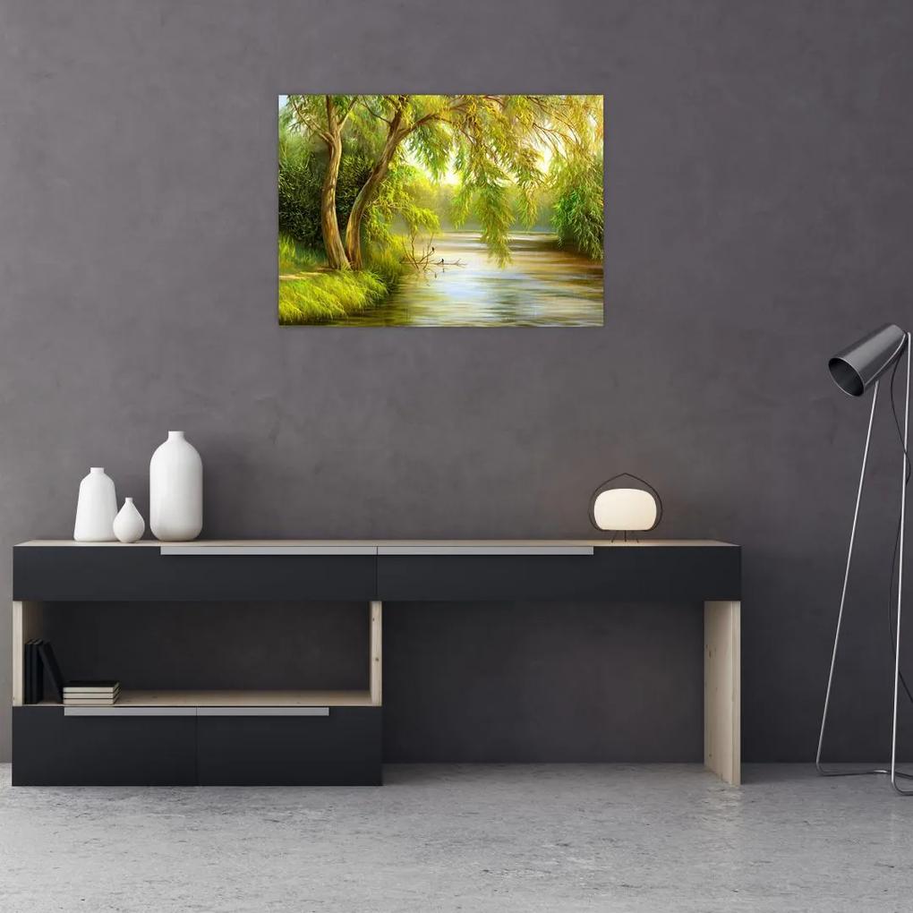 Sklenený obraz - Vŕba pri jazere, olejomaľba (70x50 cm)