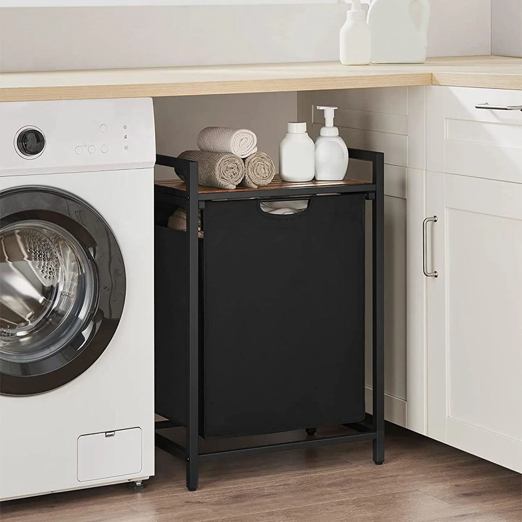 Kôš na bielizeň, s poličkou, 65 l, vysúvateľný, rustikálna hnedá a čierna farba