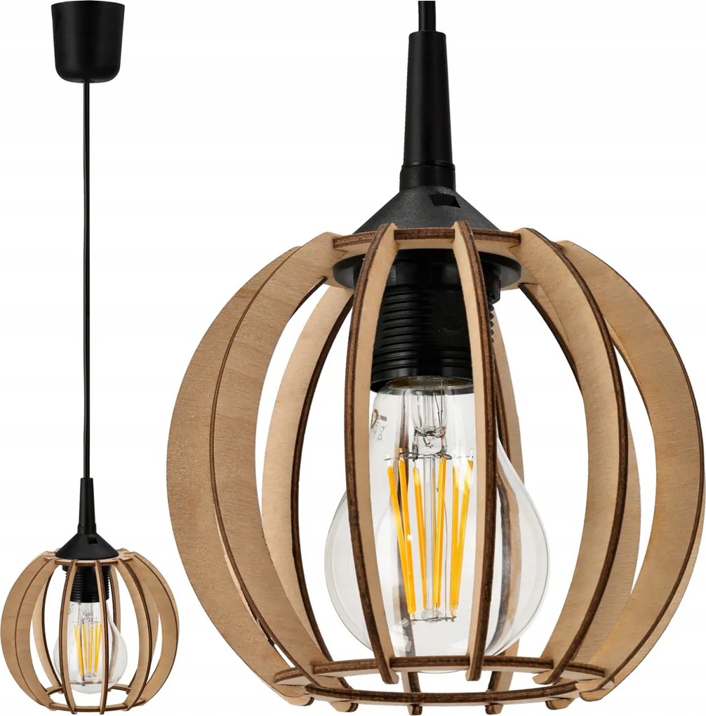 DREVENÁ LED STROPNÁ LAMPA ZÁVESNÁ E27 + KLIP + Nastaviteľná