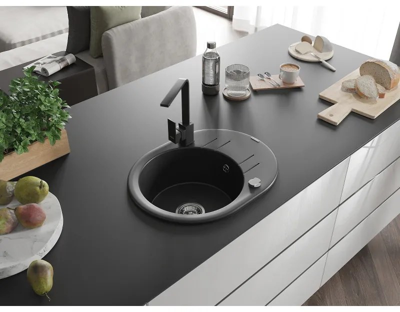 Mexen Kevin, drez granitový 586x458x190 mm, 1-komorový a čierna matná batéria Rita, čierna, 6517-77-670300-70