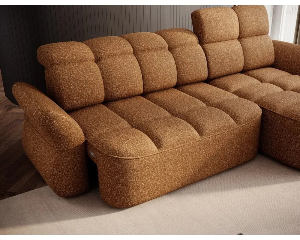 Žltá/hnedá zamatová rozkladacia/s úložným priestorom rohová pohovka (pravý roh/s leňoškou) Beneth – ELTAP