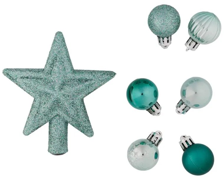 DECOLED Sada ozdôb, 29x 3cm guľa, 1x trblietavý hrot, nefritovo zelená