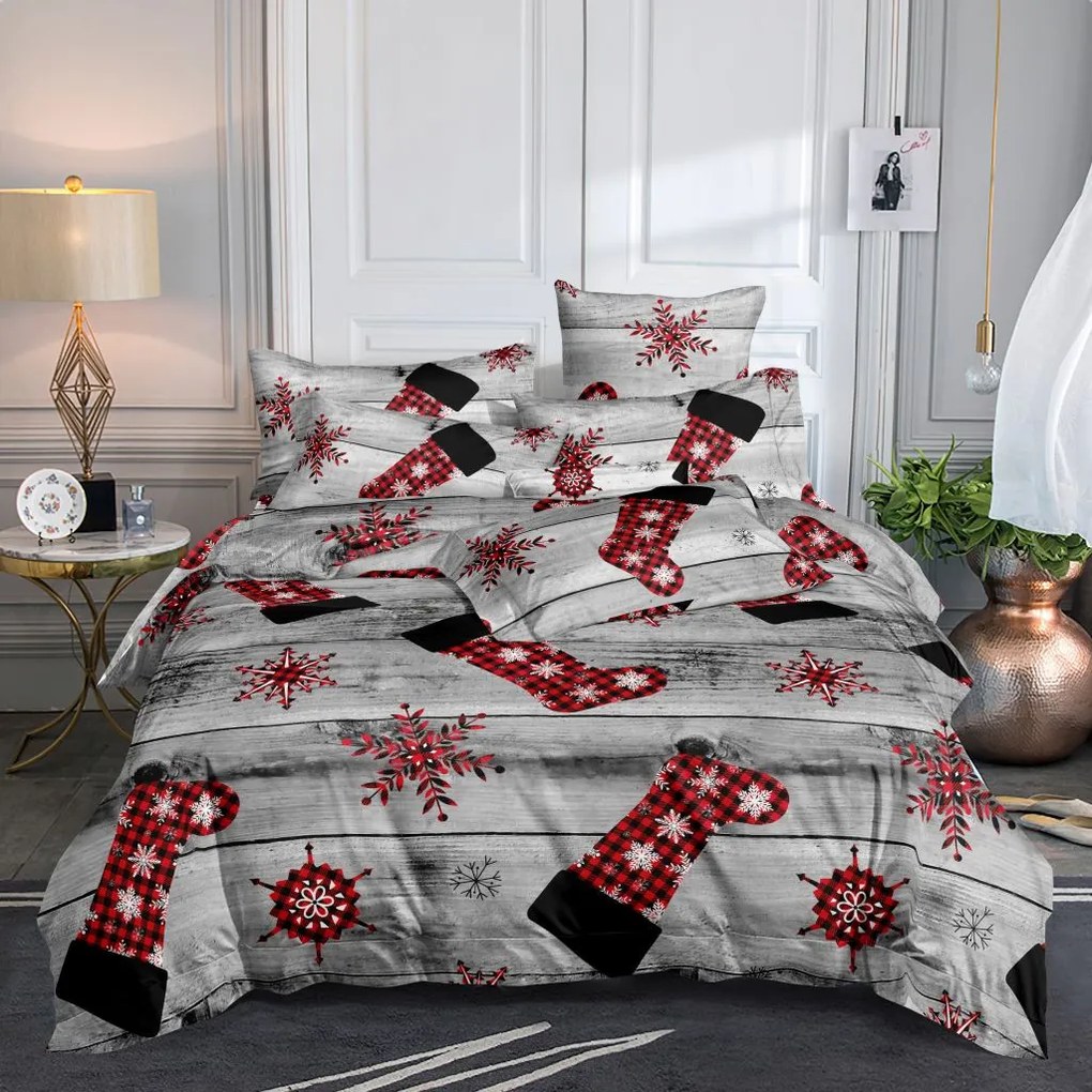 DomTextilu Nádherné sivé vianočné posteľné obliečky s motívom mikulášskych čiapiek 3 časti: 1ks 160 cmx200 + 2ks 70 cmx80 Sivá 180x220 cm 47804-219877