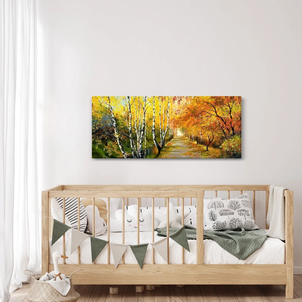 Obraz - Romantická alej pozdĺž vody, olejomaľba (120x50 cm)