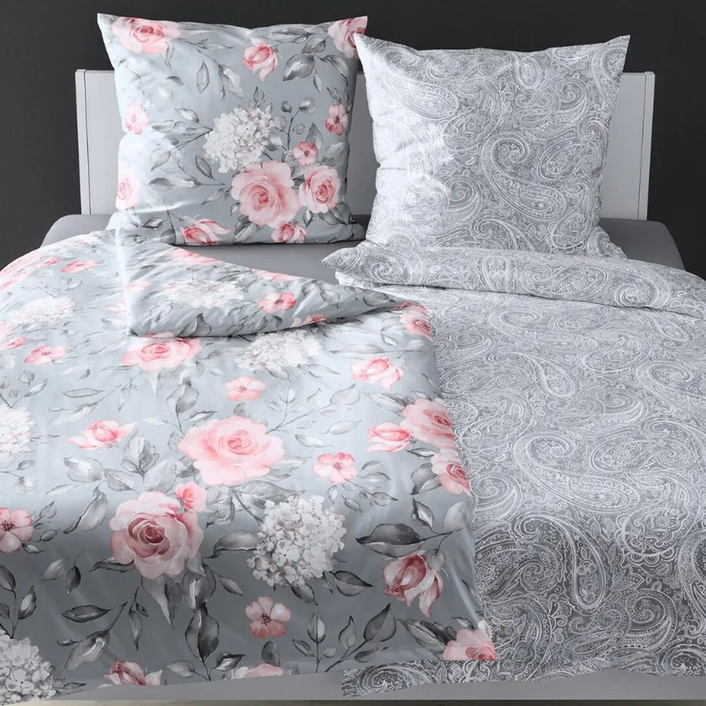 Bierbaum obliečka bavlnený satén 3676 Grey Roses - 140x200 / 70x90 cm