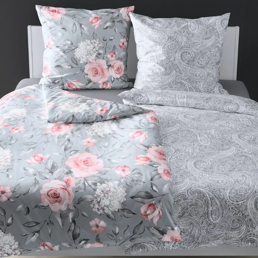 Bierbaum obliečka bavlnený satén 3676 Grey Roses - 140x220 / 70x90 cm