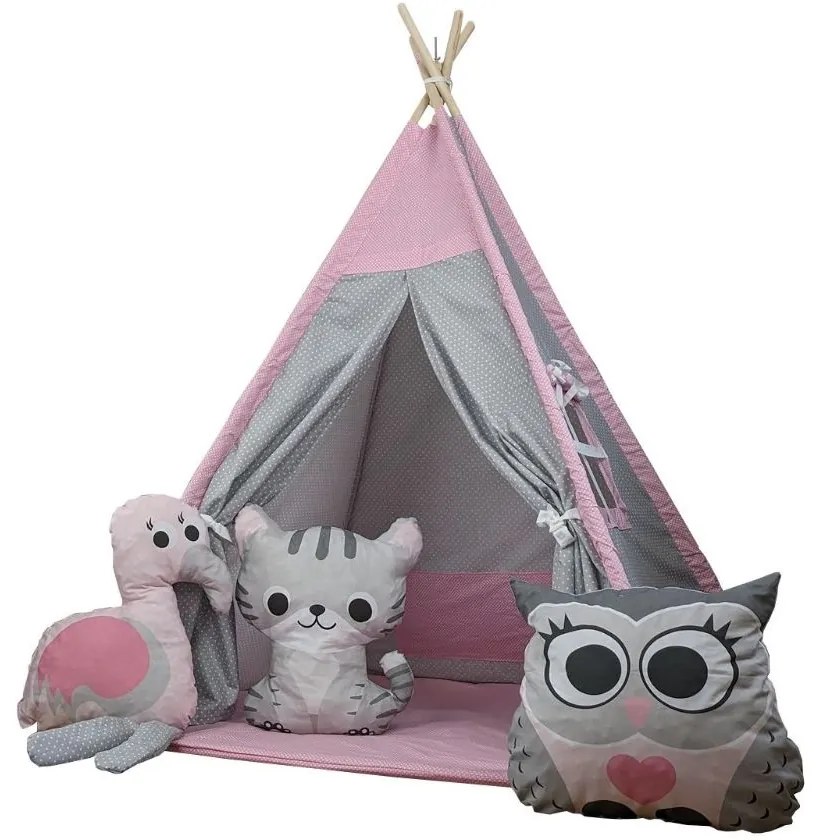 Detský stan TEEPEE (TÝPIE) ANIMALS s doplnkami - PLAMENÁK A KAMARÁDI - šedý/ružový