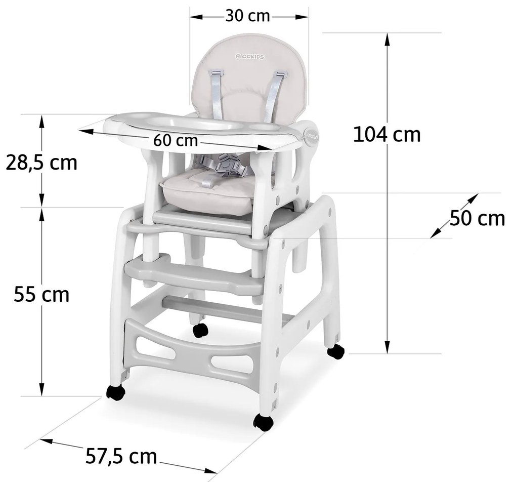 Ricokids Detská jedálenská stolička 5v1 Sinco sivá