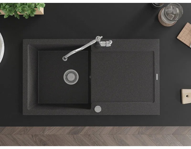 Mexen Leo, granitový drez 900x500x190 mm, 1-komorový a drezová batéria Carla, čierna škvrnitá, 6501-76-670700-00