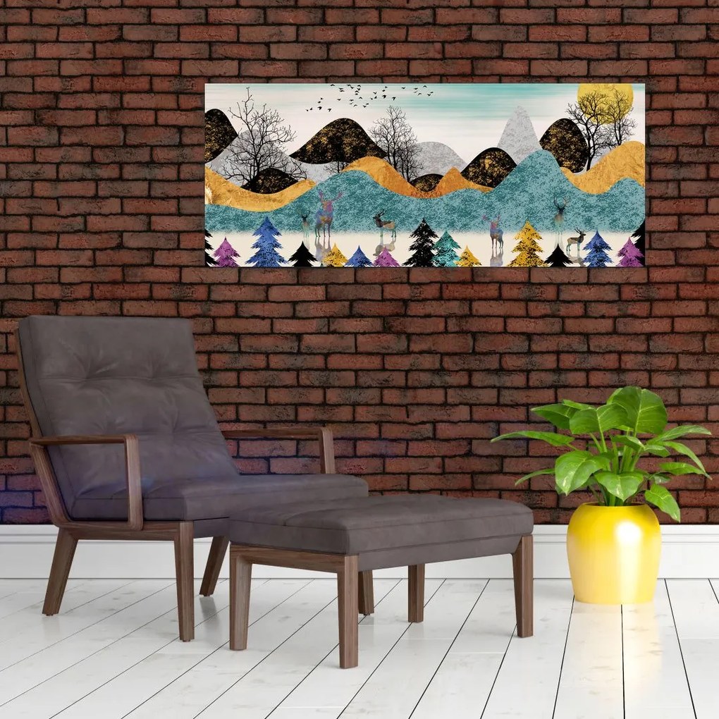 Grafický obraz s jeleňmi (120x50 cm)