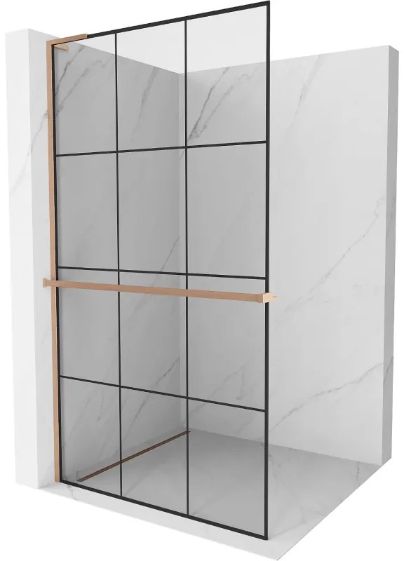 Mexen Kioto+ L, sprchová zástena Walk-In s poličkou a vešiakom 120 x 200 cm, 8mm číre sklo čierny vzor, medený matný profil, 800-120-123-65-77