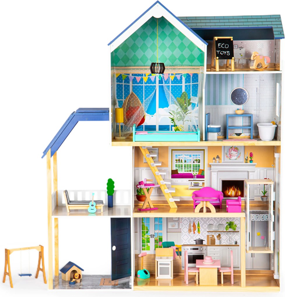 Veľký drevený domček pre bábiky ECOTOYS Rezidencia Maya 138 cm, 4 poschodia, 28 dielov